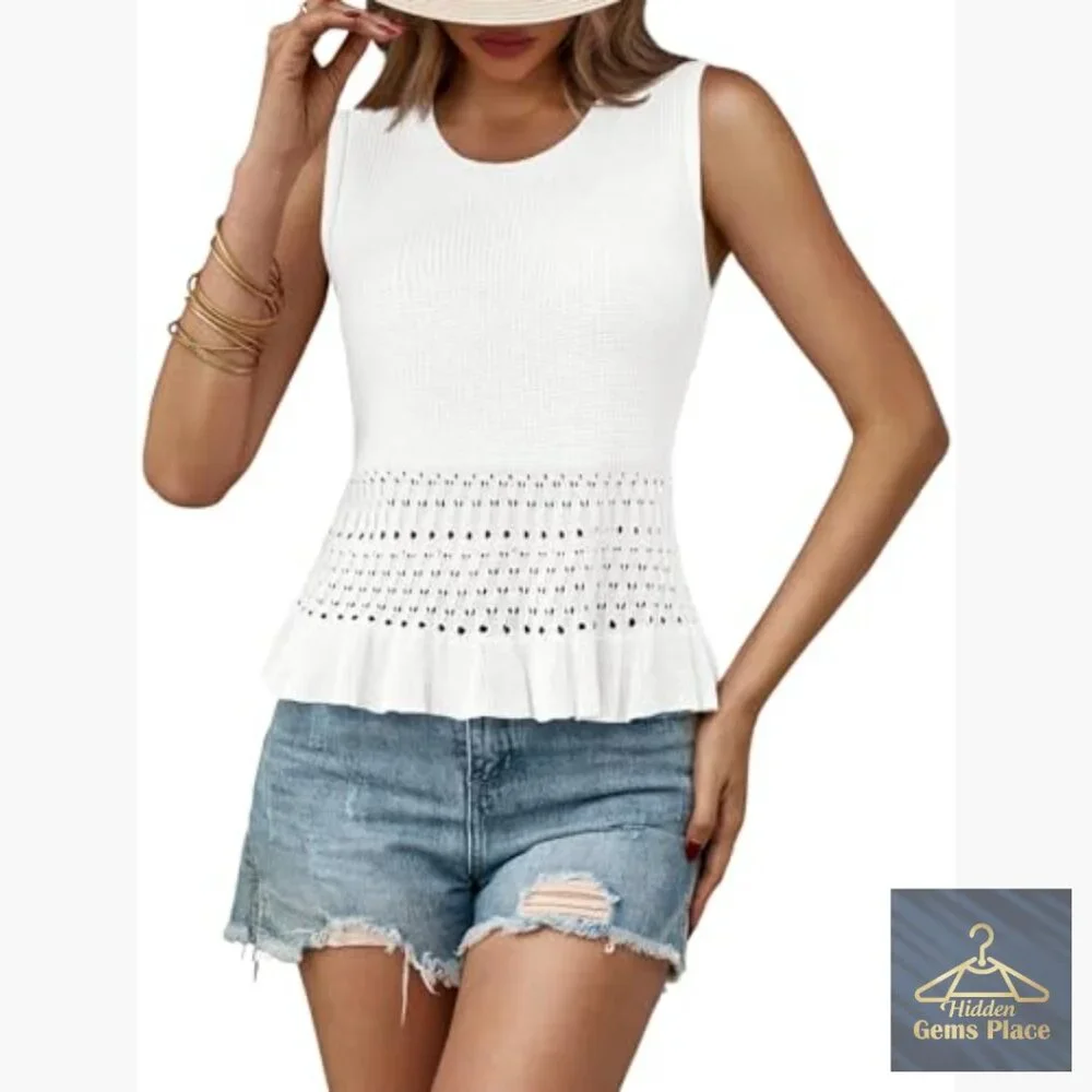 Crochet Crop Tank Top Sleeveless Crew Neck Ruffle Boho Knit Sweater Vest